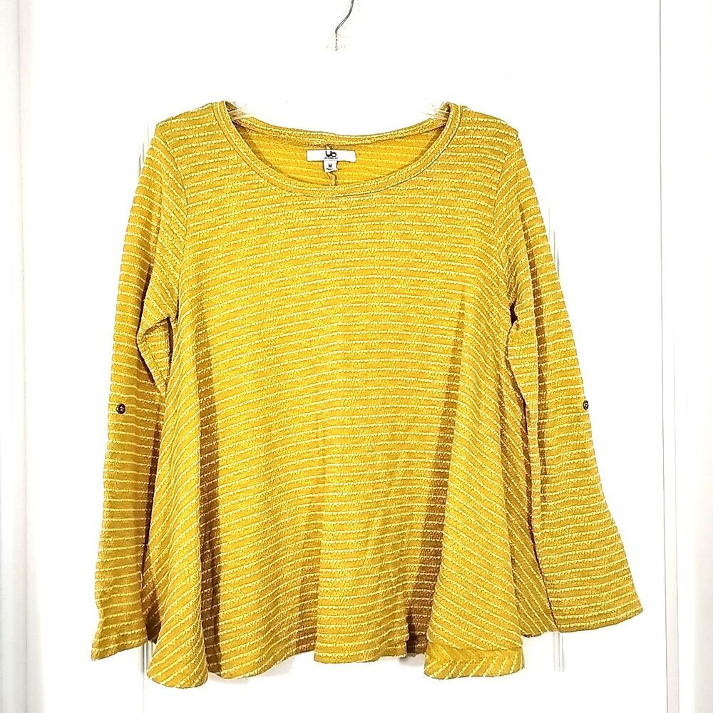 Ya Los Angeles Women's Med Yellow Top Long Sleeve Stripe Roll Tab Sleeve